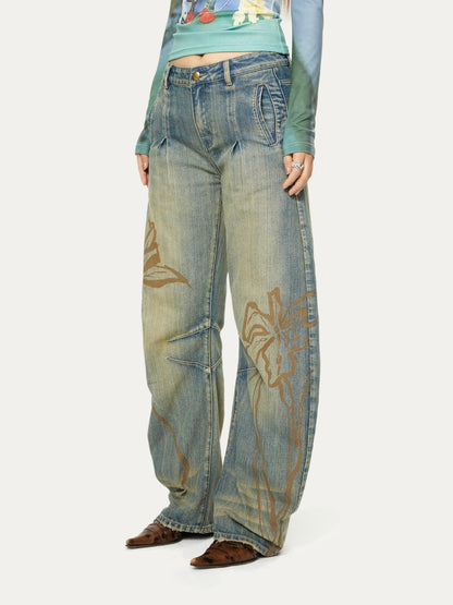 YOSHUYUKI Blue Green Reconstructed Distressed Print Curved Cut Women&