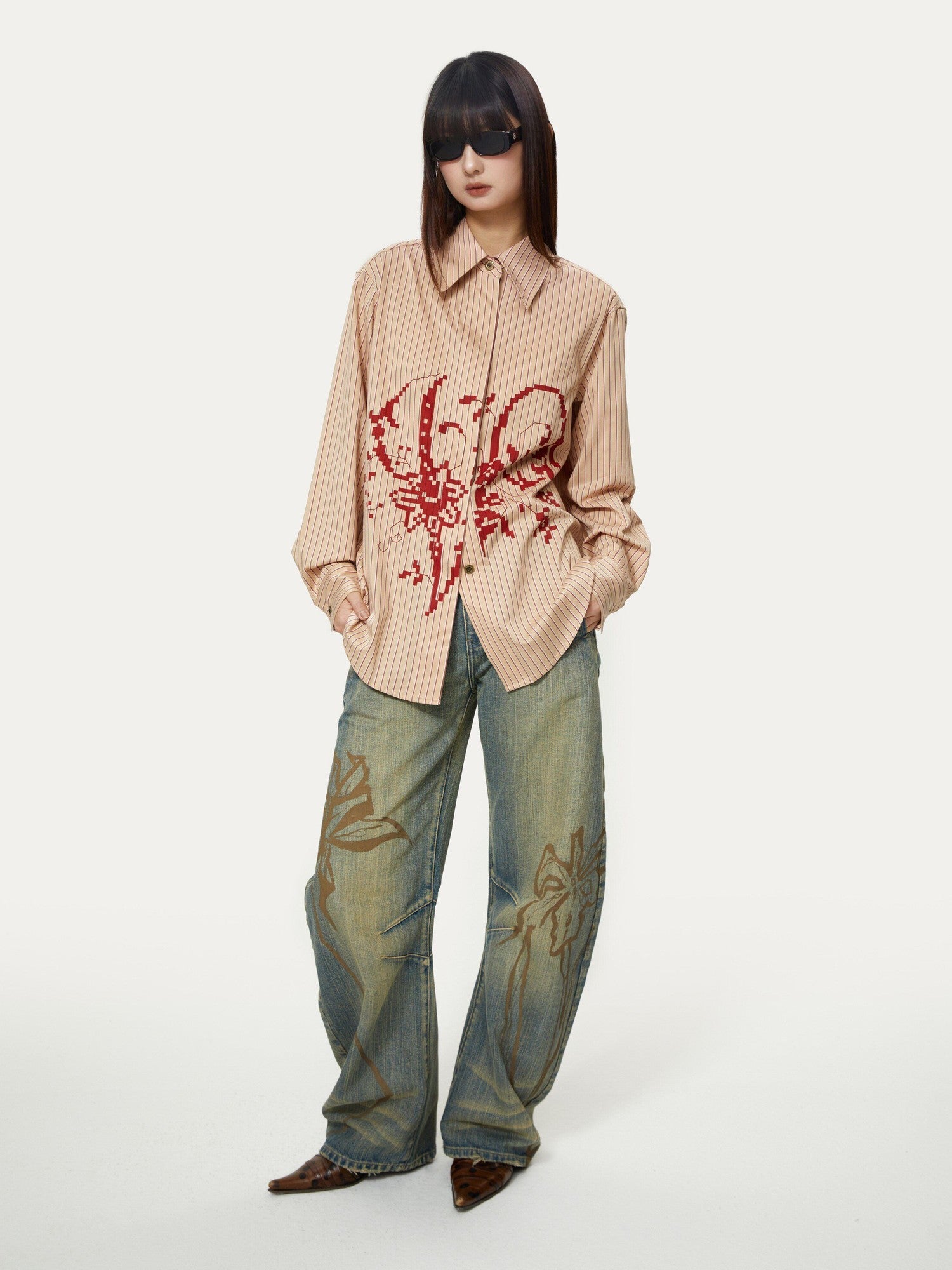 YOSHUYUKI Blue Green Reconstructed Distressed Print Curved Cut Women&