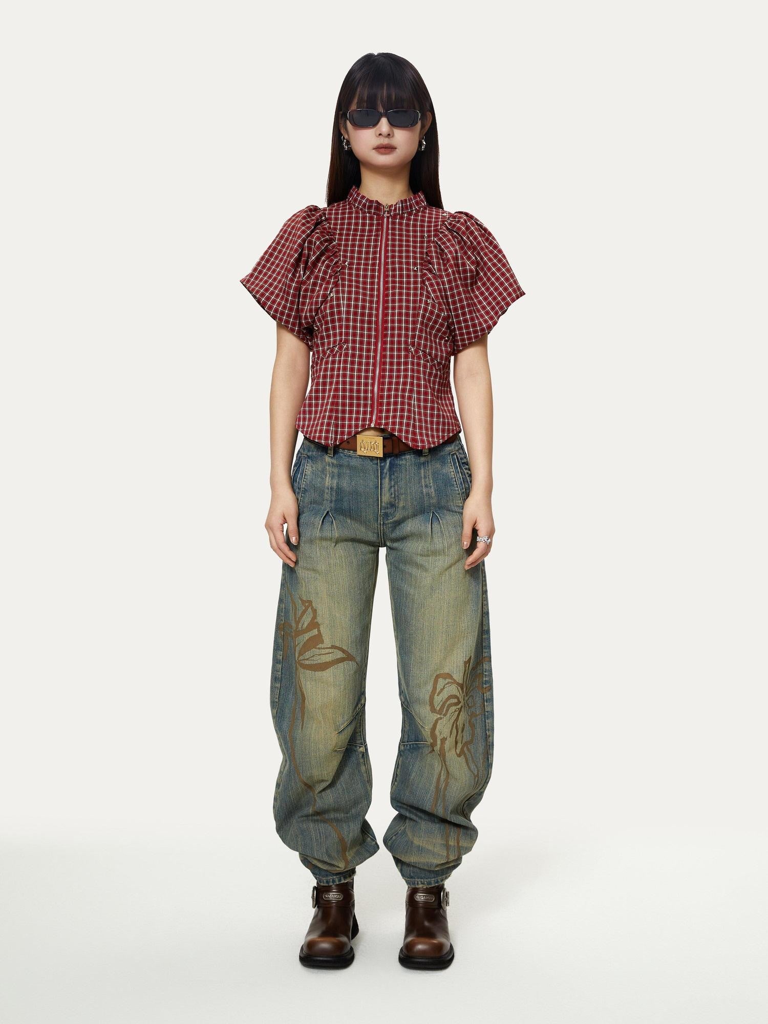 YOSHUYUKI Blue Green Reconstructed Distressed Print Curved Cut Women&