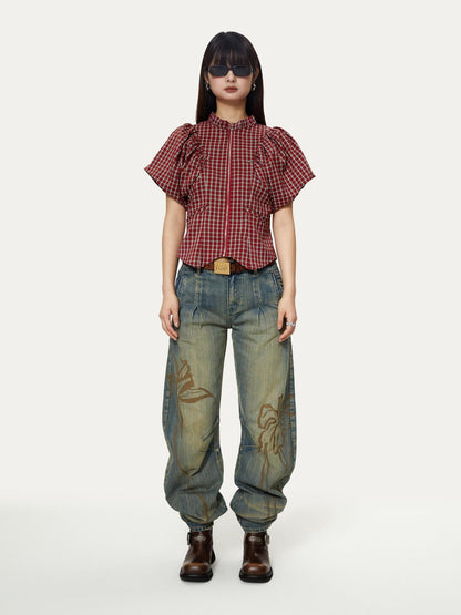 YOSHUYUKI Blue Green Reconstructed Distressed Print Curved Cut Women&