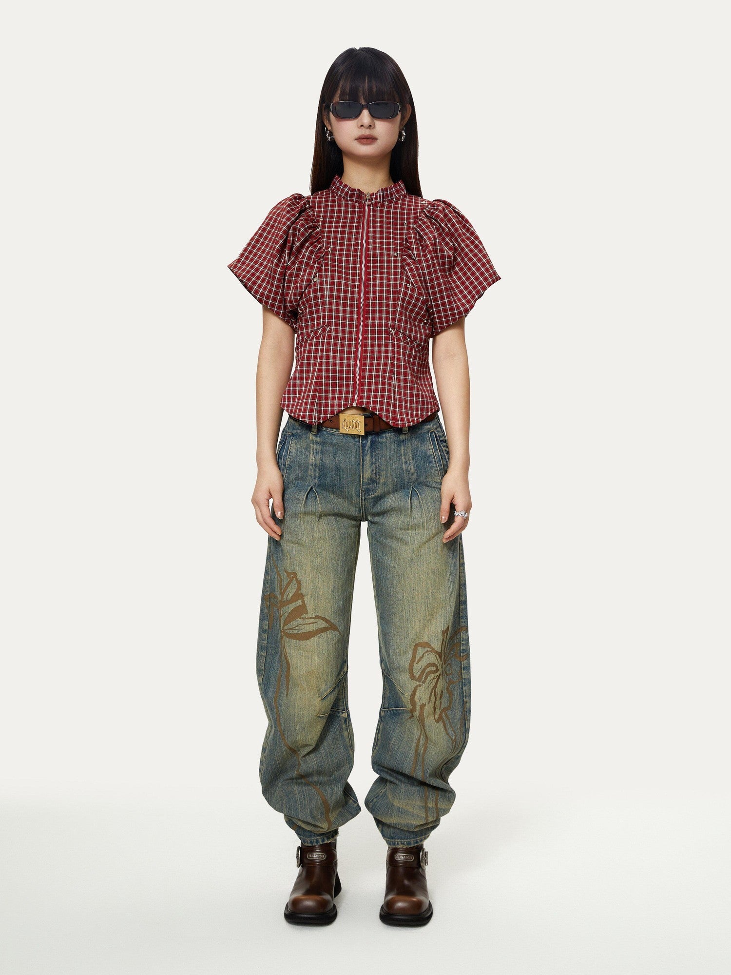 YOSHUYUKI Blue Green Reconstructed Distressed Print Curved Cut Women&