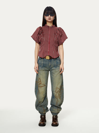 YOSHUYUKI Blue Green Reconstructed Distressed Print Curved Cut Women&