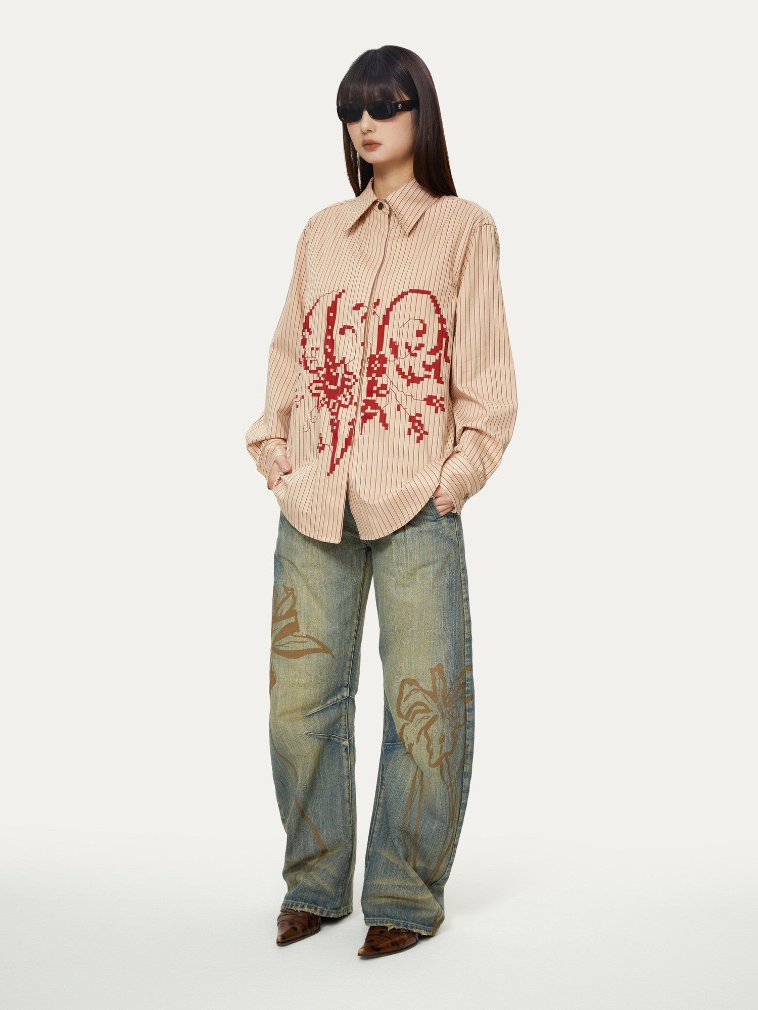 YOSHUYUKI Blue Green Reconstructed Distressed Print Curved Cut Women&