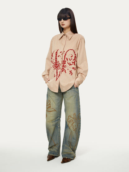 YOSHUYUKI Blue Green Reconstructed Distressed Print Curved Cut Women&