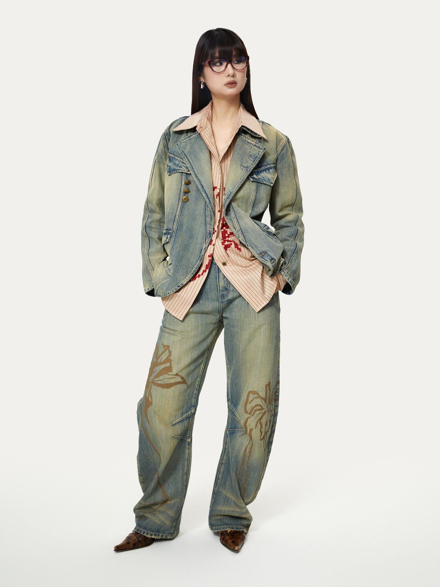 YOSHUYUKI Blue Green Reconstructed Distressed Print Curved Cut Women&
