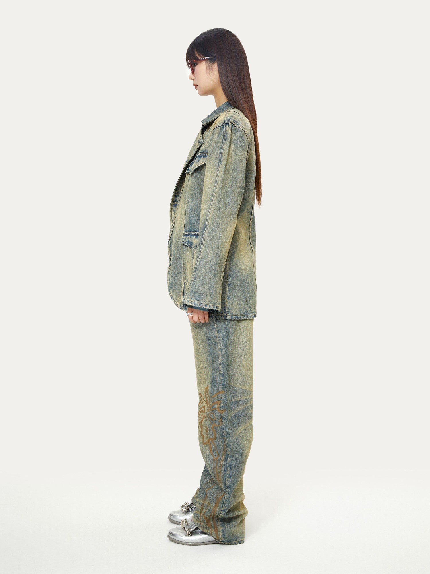 YOSHUYUKI Blue Green Reconstructed Distressed Print Curved Cut Women&