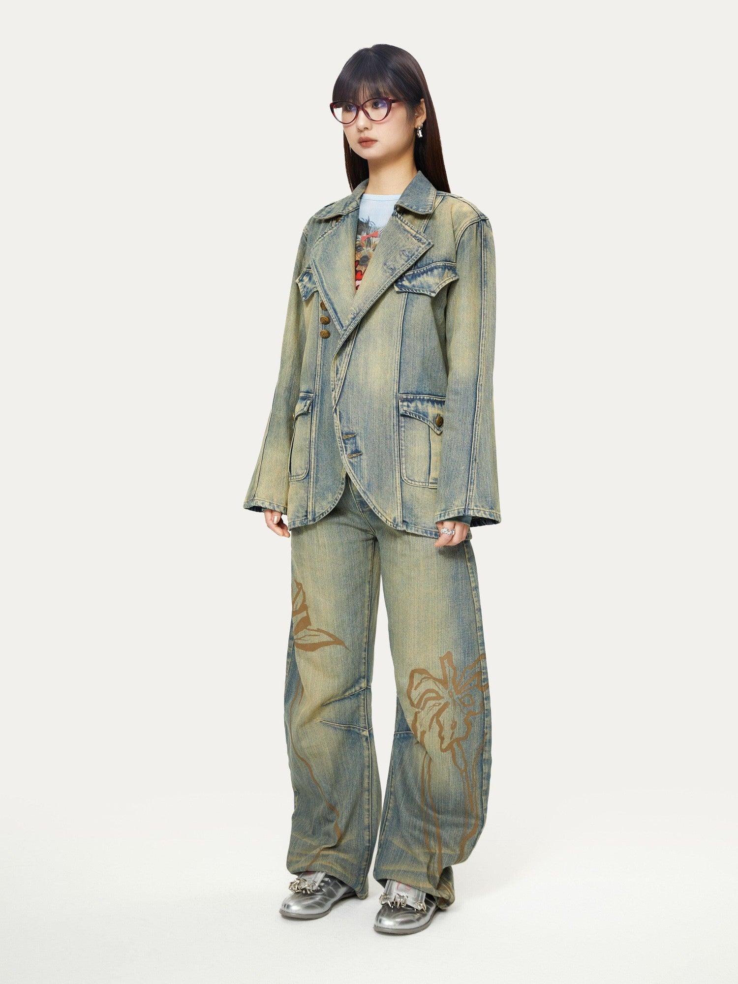 YOSHUYUKI Blue Green Reconstructed Distressed Print Curved Cut Women&