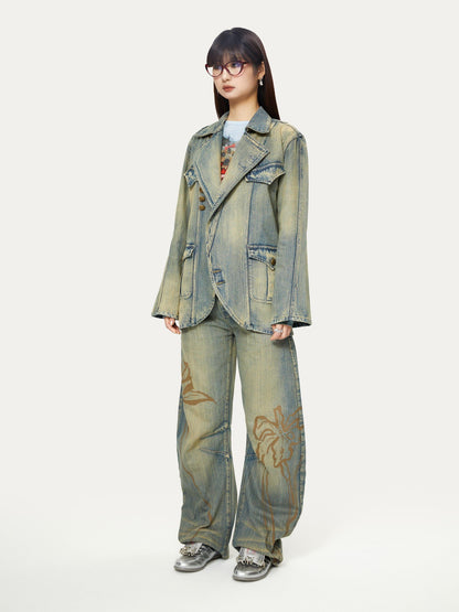 YOSHUYUKI Blue Green Reconstructed Distressed Print Curved Cut Women&