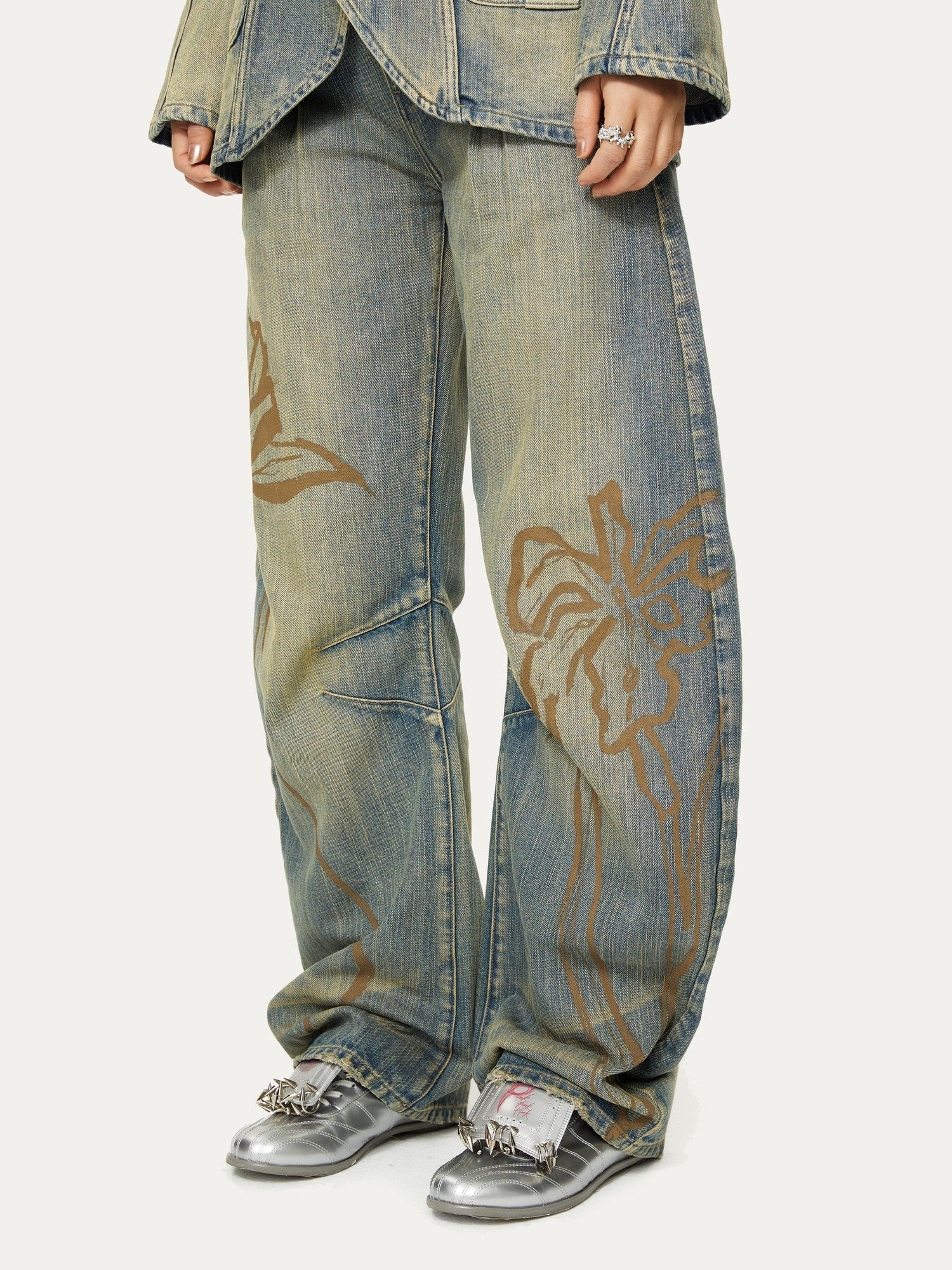 YOSHUYUKI Blue Green Reconstructed Distressed Print Curved Cut Women&