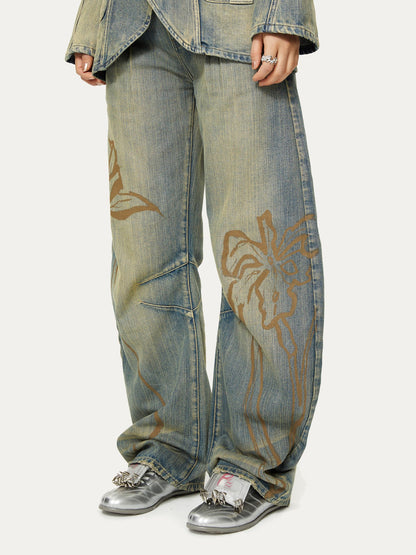 YOSHUYUKI Blue Green Reconstructed Distressed Print Curved Cut Women&