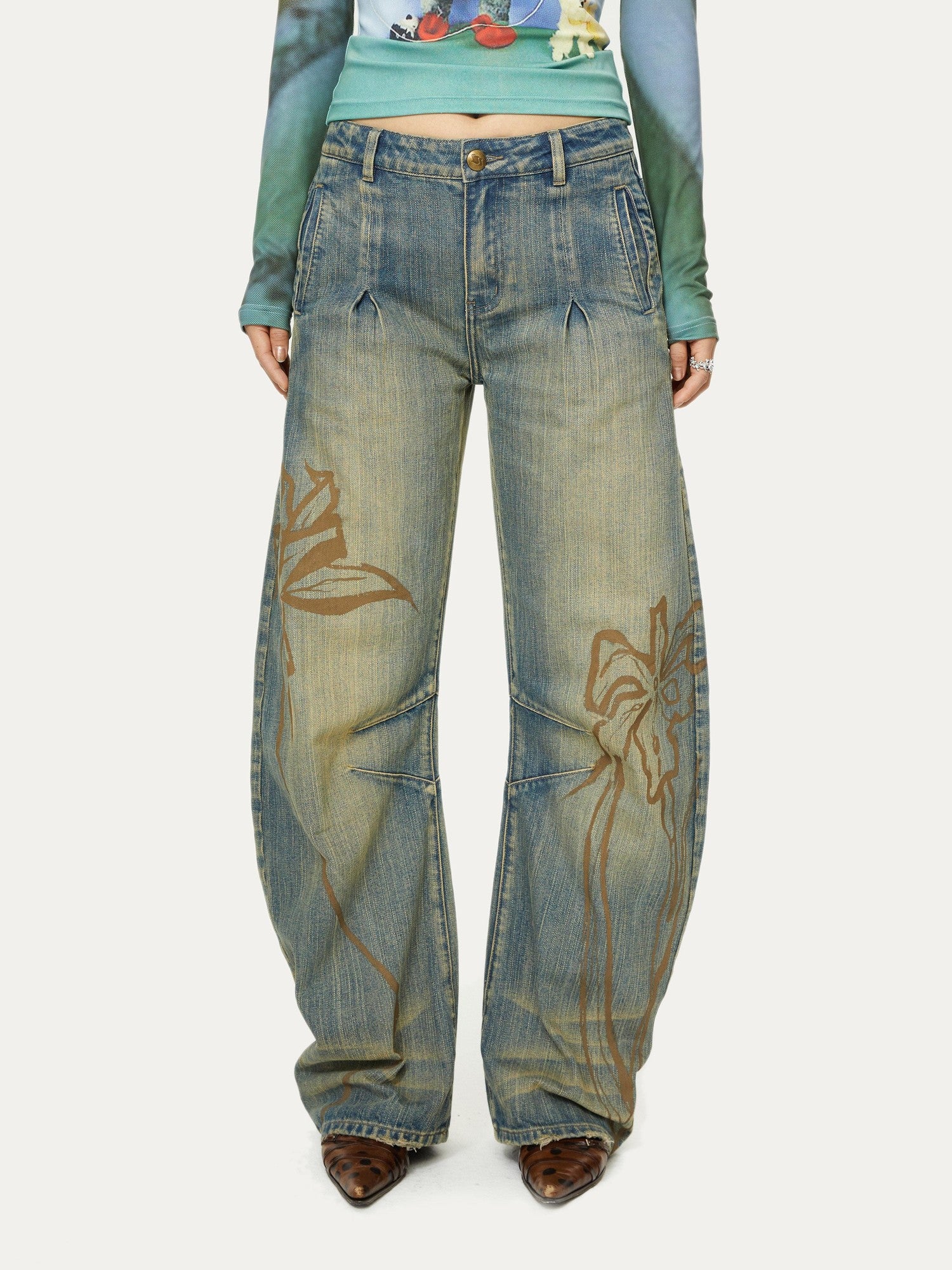 YOSHUYUKI Blue Green Reconstructed Distressed Print Curved Cut Women&