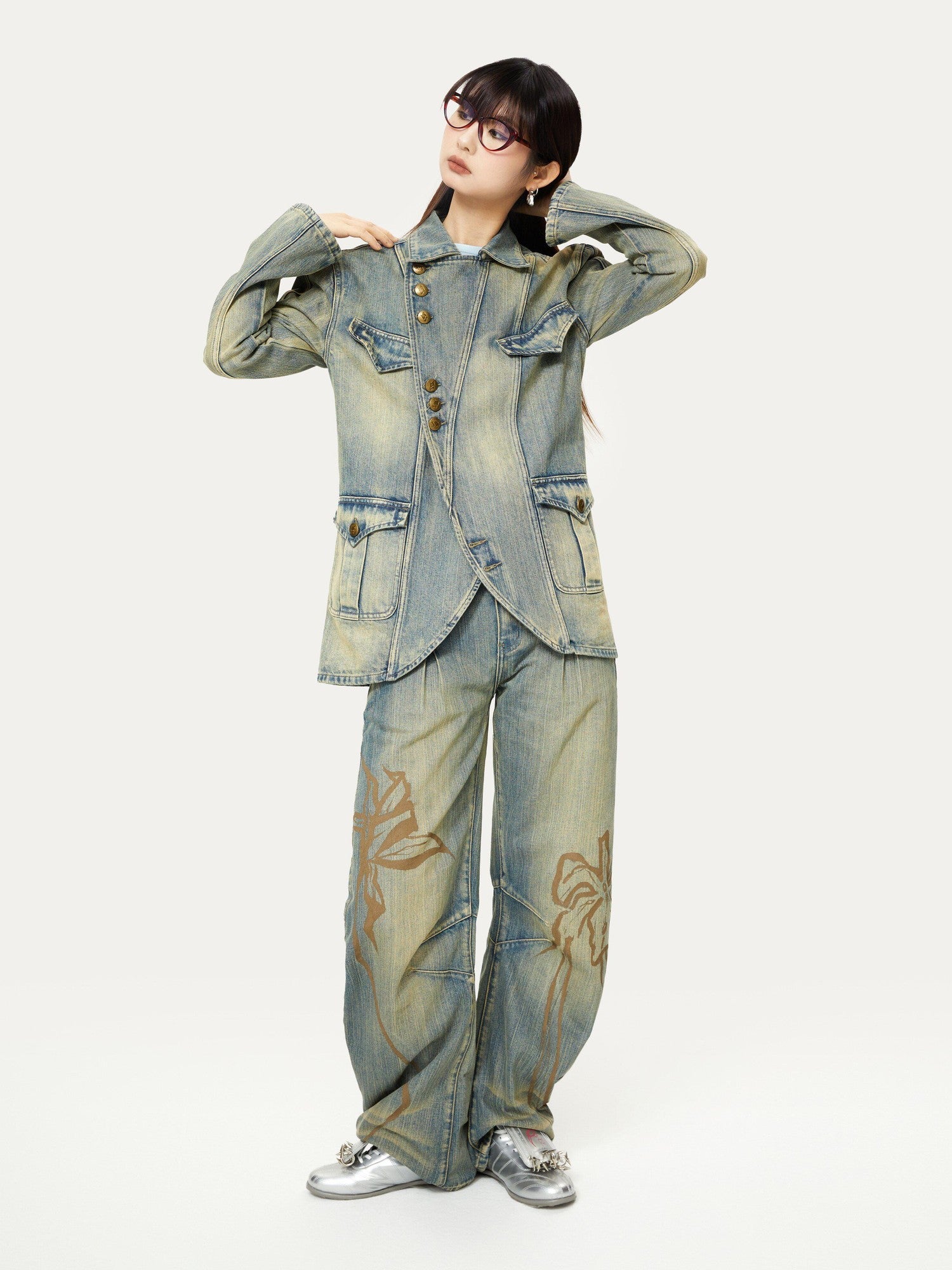 YOSHUYUKI Blue Green Reconstructed Distressed Print Curved Cut Women&