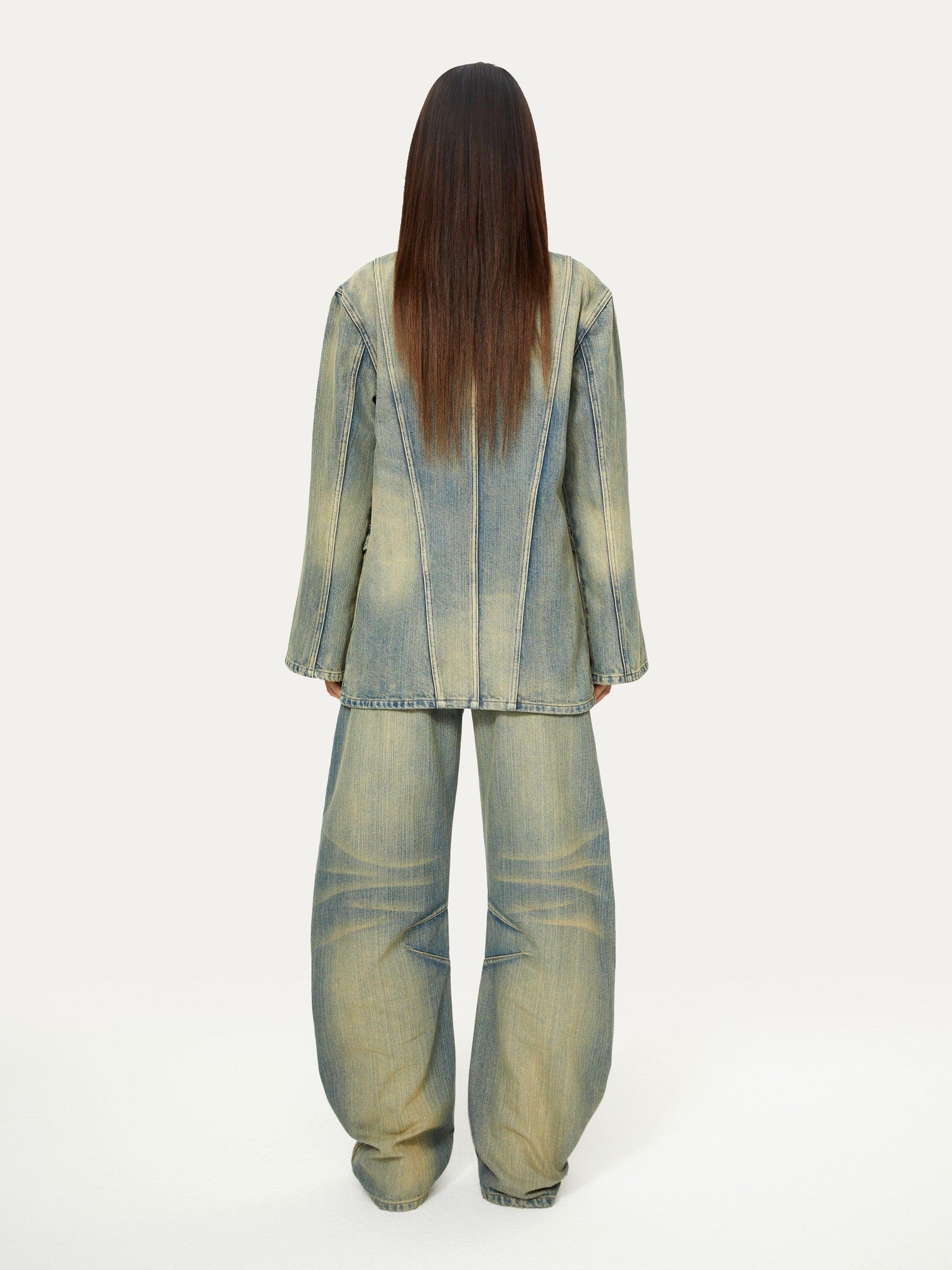 YOSHUYUKI Blue Green Reconstructed Distressed Print Curved Cut Women&