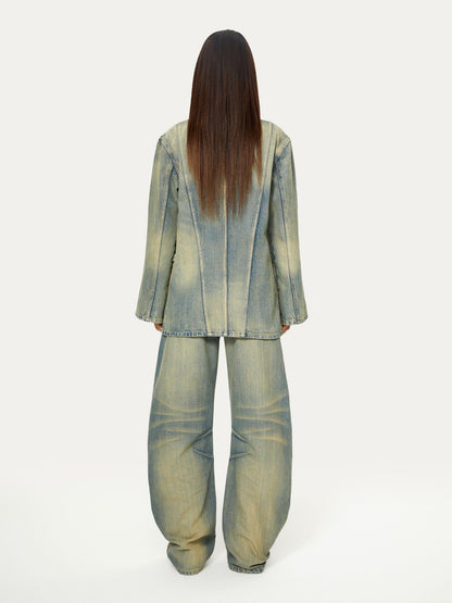 YOSHUYUKI Blue Green Reconstructed Distressed Print Curved Cut Women&