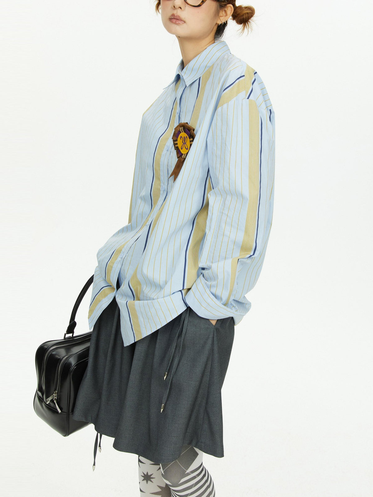 YOSHUYUKI Blue Yellow Color Block Striped Loose Fit Cotton Women&