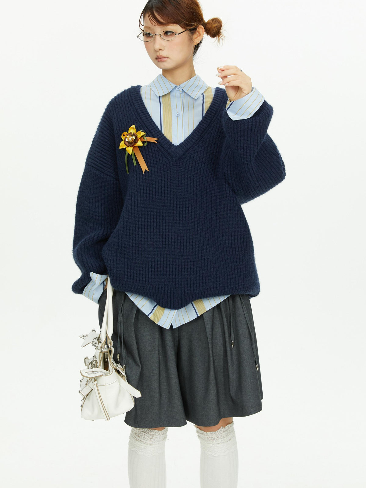 YOSHUYUKI Blue Yellow Color Block Striped Loose Fit Cotton Women&