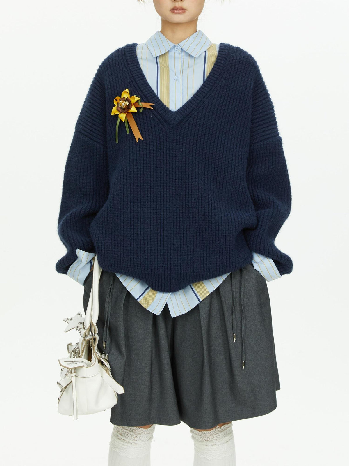 YOSHUYUKI Blue Yellow Color Block Striped Loose Fit Cotton Women&