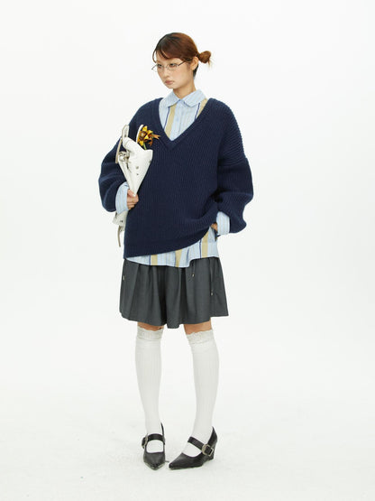 YOSHUYUKI Blue Yellow Color Block Striped Loose Fit Cotton Women&