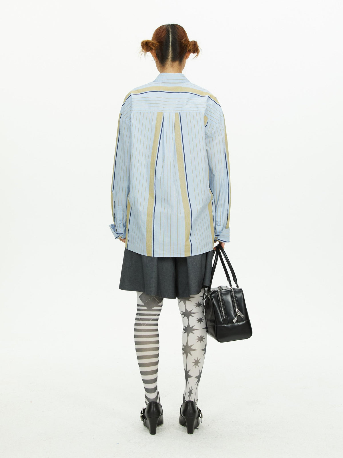 YOSHUYUKI Blue Yellow Color Block Striped Loose Fit Cotton Women&