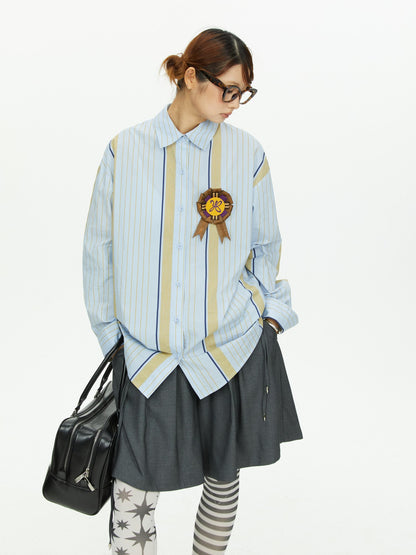 YOSHUYUKI Blue Yellow Color Block Striped Loose Fit Cotton Women&
