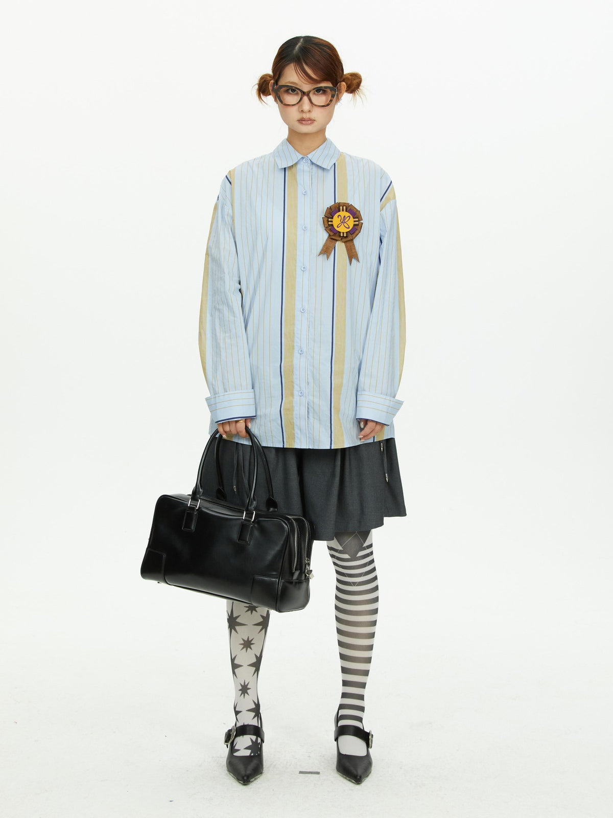 YOSHUYUKI Blue Yellow Color Block Striped Loose Fit Cotton Women&