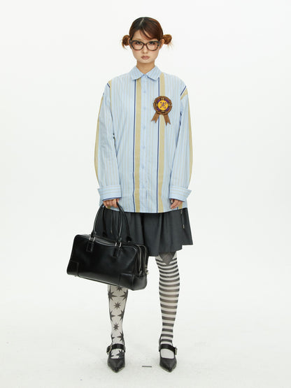 YOSHUYUKI Blue Yellow Color Block Striped Loose Fit Cotton Women&