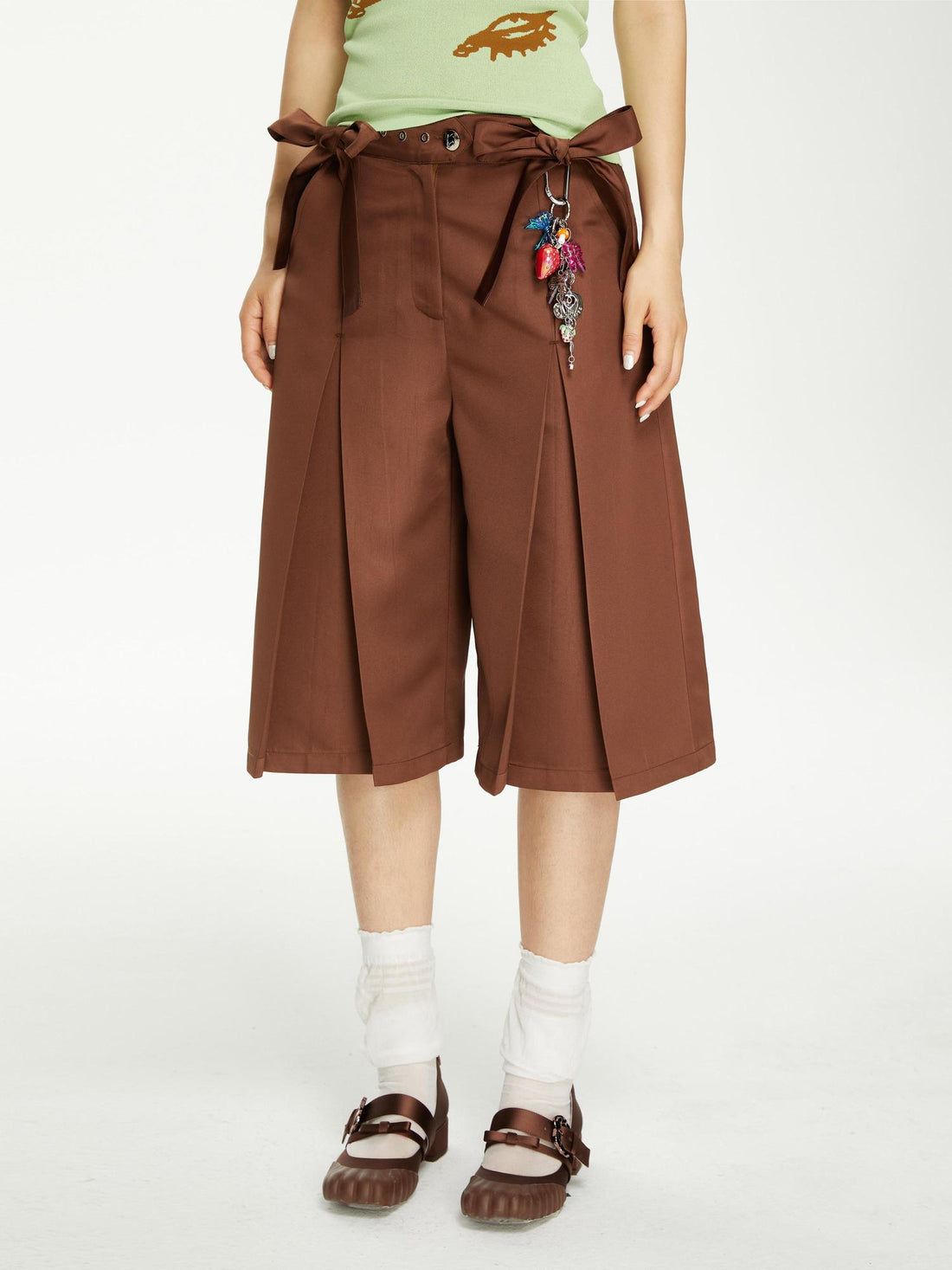 YOSHUYUKI Brown Satin Bow Pleated Trousers