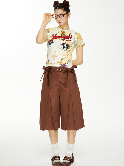 YOSHUYUKI Brown Satin Bow Pleated Trousers