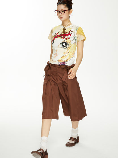 YOSHUYUKI Brown Satin Bow Pleated Trousers