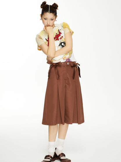 YOSHUYUKI Brown Satin Bow Pleated Trousers