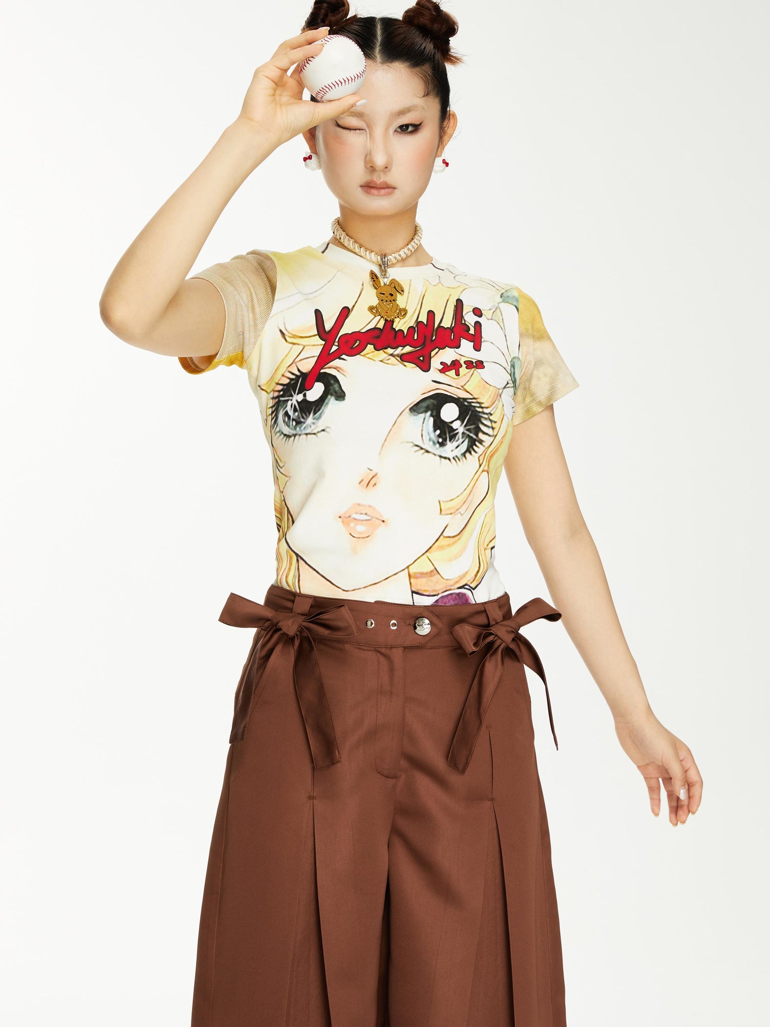 YOSHUYUKI Brown Satin Bow Pleated Trousers
