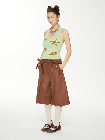 YOSHUYUKI Brown Satin Bow Pleated Trousers