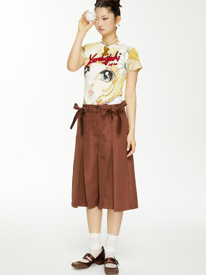 YOSHUYUKI Brown Satin Bow Pleated Trousers