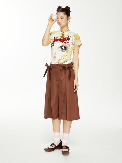 YOSHUYUKI Brown Satin Bow Pleated Trousers