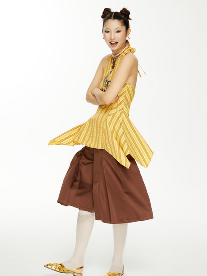 YOSHUYUKI Brown Satin Bow Pleated Trousers