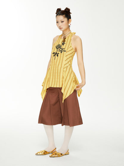 YOSHUYUKI Brown Satin Bow Pleated Trousers