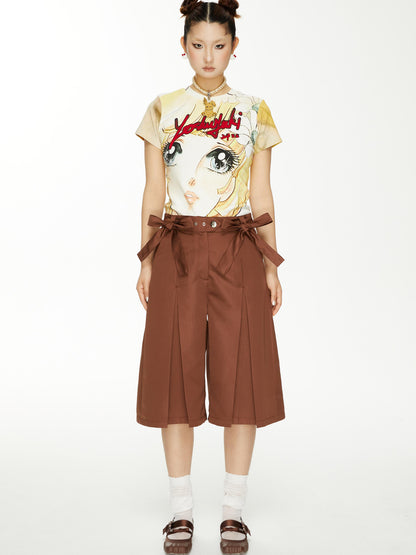 YOSHUYUKI Brown Satin Bow Pleated Trousers