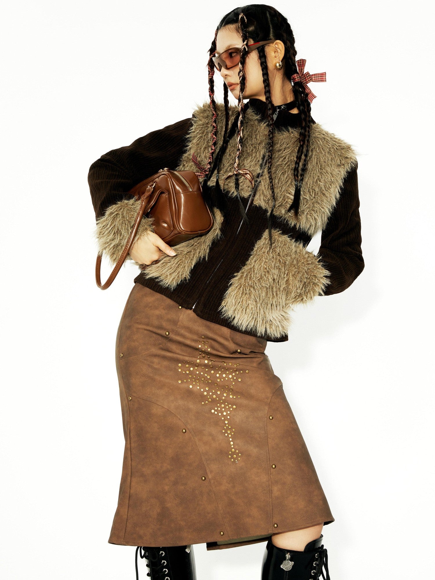 YOSHUYUKI Brown Studded Punk Fishtail Structured Women&