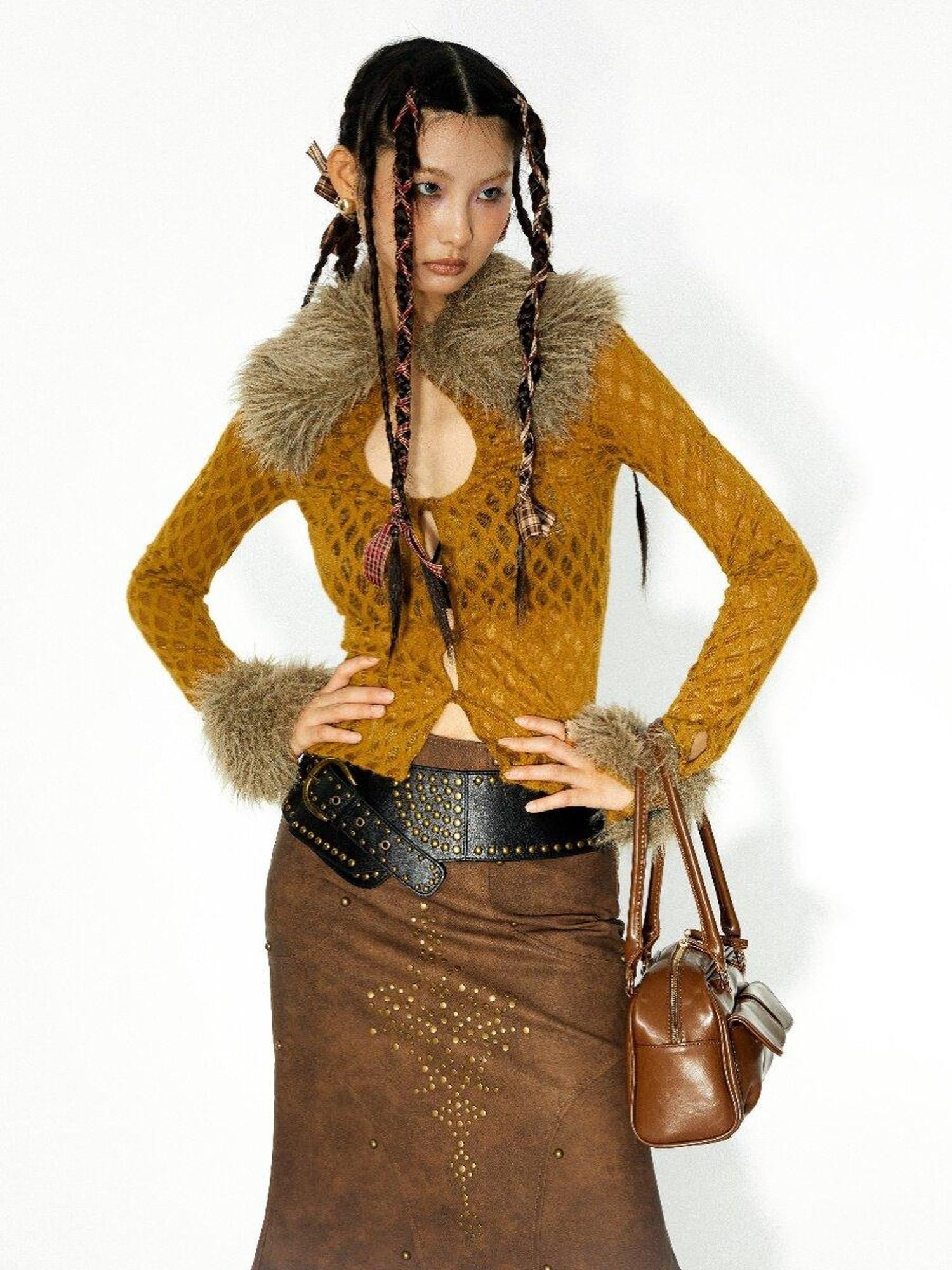 YOSHUYUKI Brown Studded Punk Fishtail Structured Women&