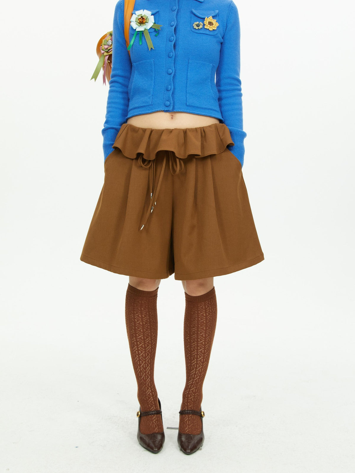 YOSHUYUKI Brown Wide Leg Ruffle Lace Up Women&
