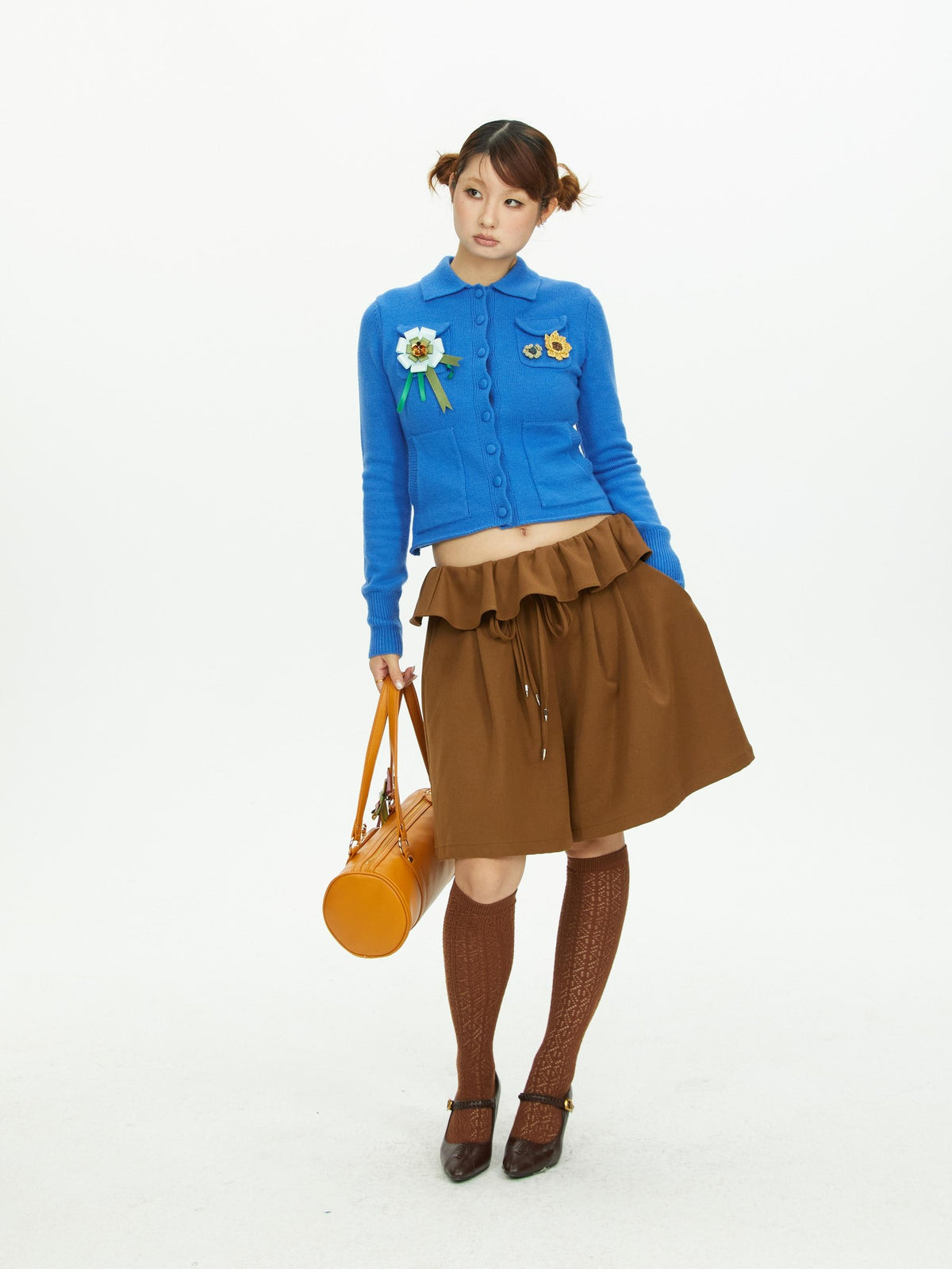 YOSHUYUKI Brown Wide Leg Ruffle Lace Up Women&