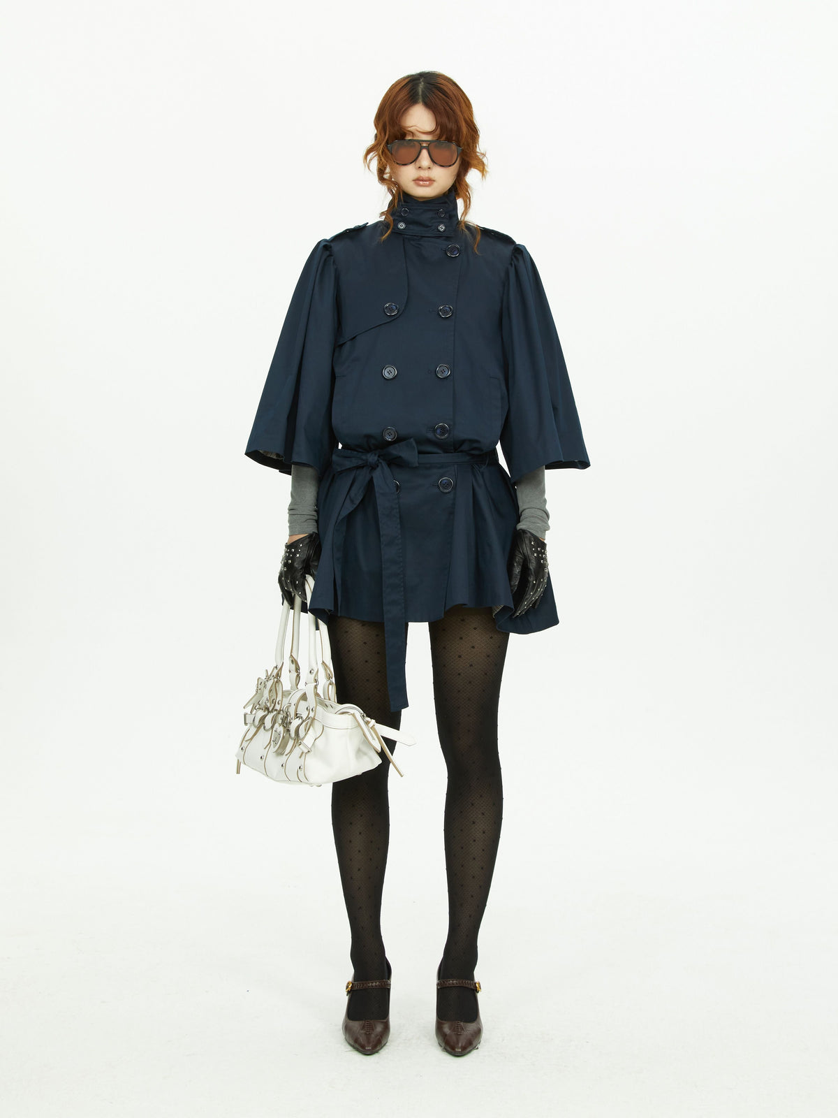 YOSHUYUKI_Cape_Sleeve_Double_Breasted_Stand_Collar_Belted_Women&