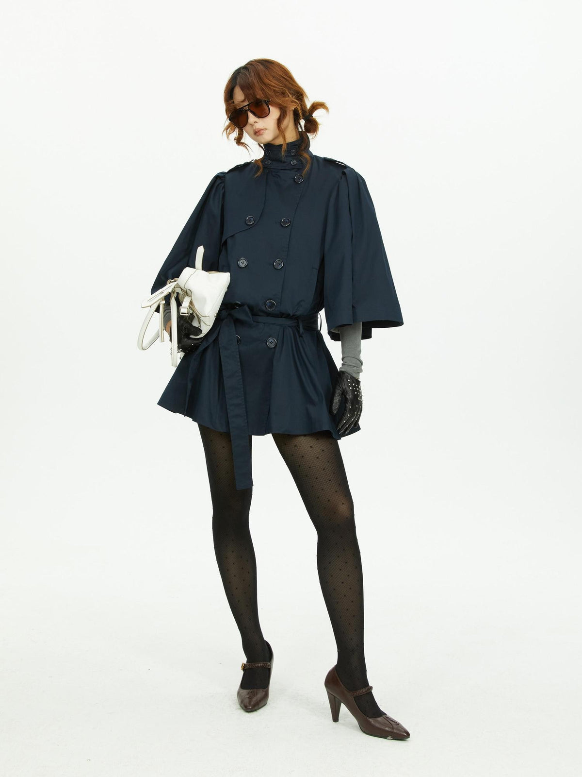 YOSHUYUKI Cape Sleeve Double Breasted Stand Collar Belted Women&