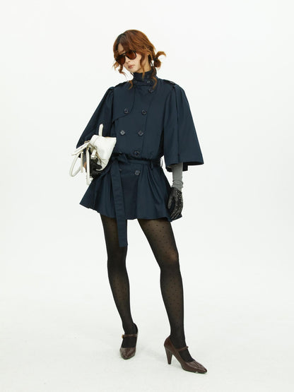 YOSHUYUKI Cape Sleeve Double Breasted Stand Collar Belted Women&