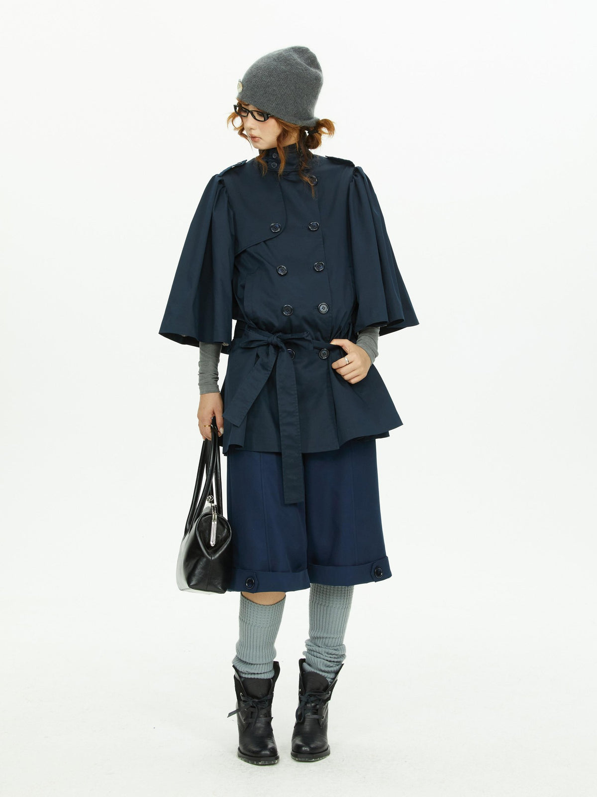 YOSHUYUKI Cape Sleeve Double Breasted Stand Collar Belted Women&