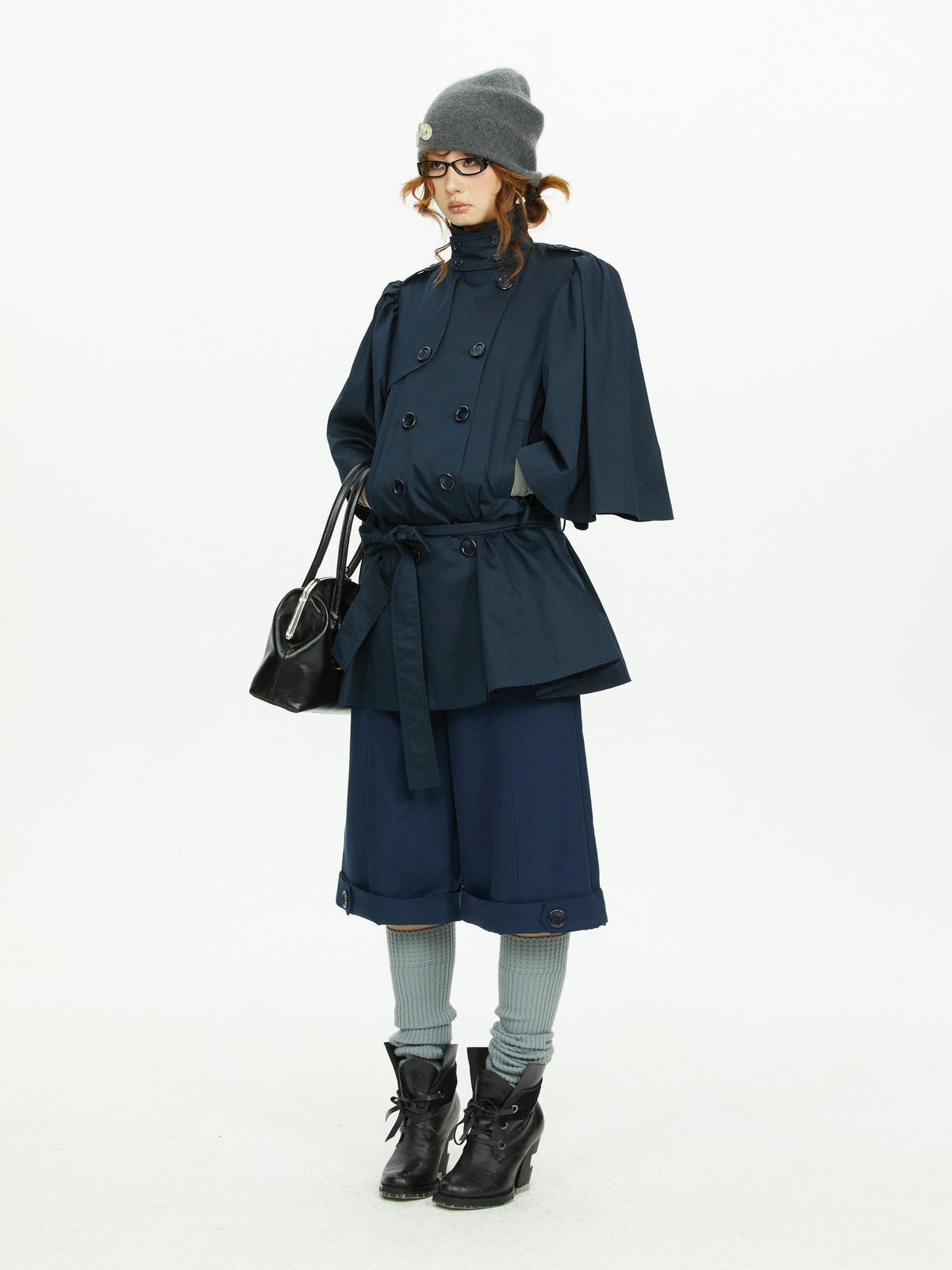 YOSHUYUKI Cape Sleeve Double Breasted Stand Collar Belted Women&