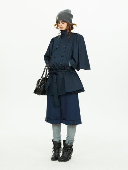 YOSHUYUKI Cape Sleeve Double Breasted Stand Collar Belted Women&