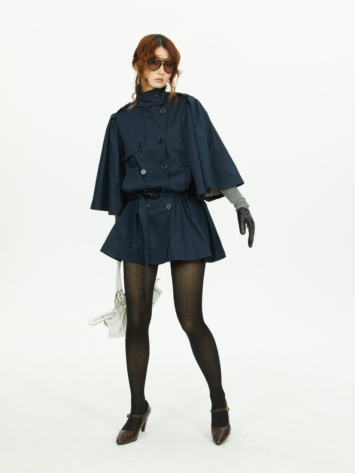 YOSHUYUKI Cape Sleeve Double Breasted Stand Collar Belted Women&
