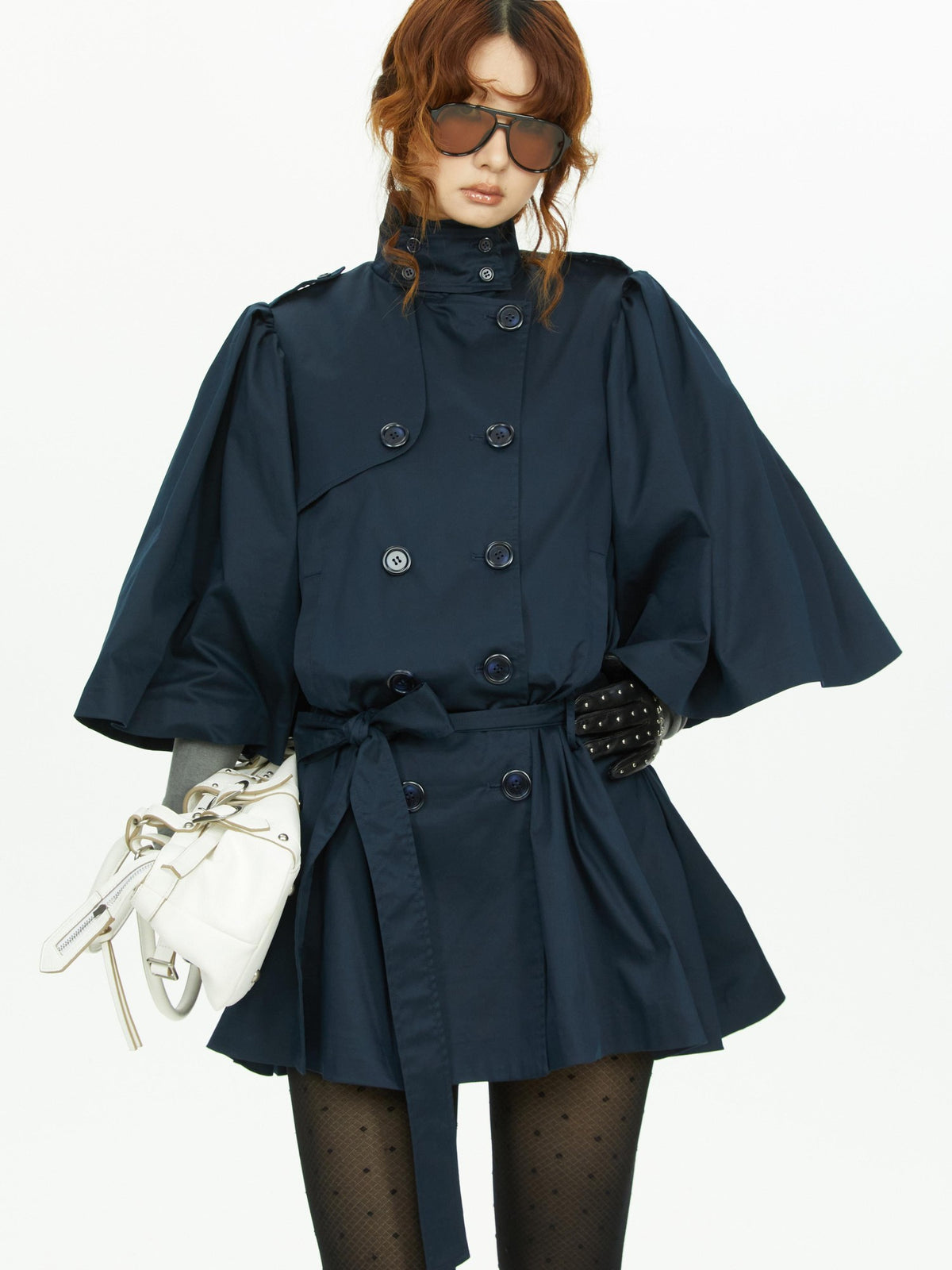 YOSHUYUKI Cape Sleeve Double Breasted Stand Collar Belted Women&