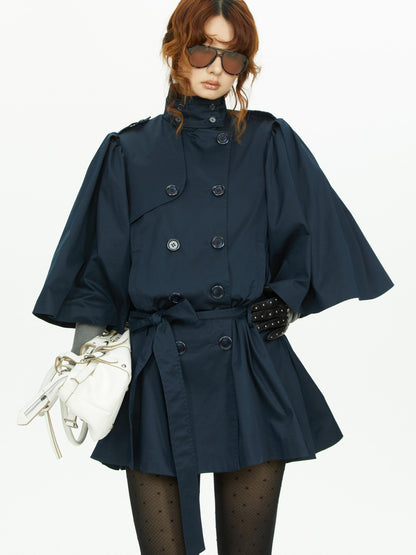 YOSHUYUKI Cape Sleeve Double Breasted Stand Collar Belted Women&